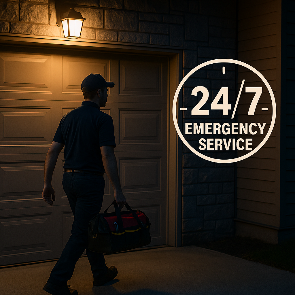 Technician performing 24/7 emergency garage door repair and safety inspection at a residential home.