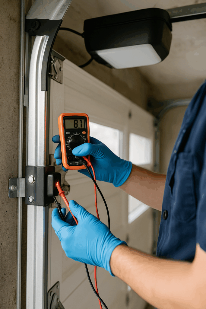 Apex Garage Door Service performing professional roller and track lubrication as part of a full garage door tune-up for quieter, smoother operation.
