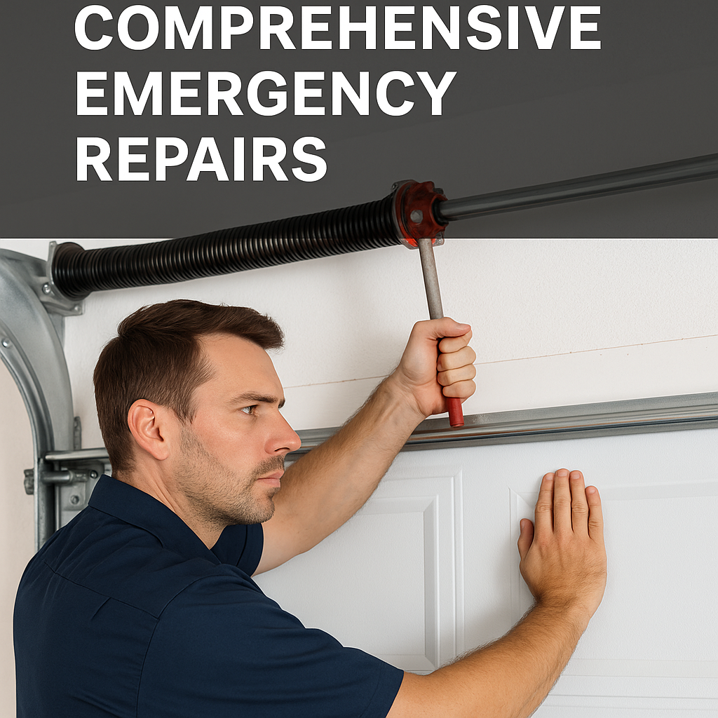 Technician performing comprehensive garage door emergency repair on a residential home