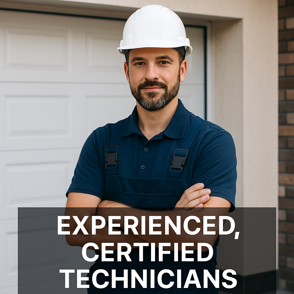 Experienced certified garage door technician standing near a residential garage door during inspection