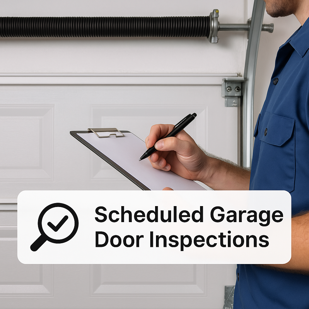 Professional technician performing a garage door tune-up and safety inspection during scheduled maintenance service.