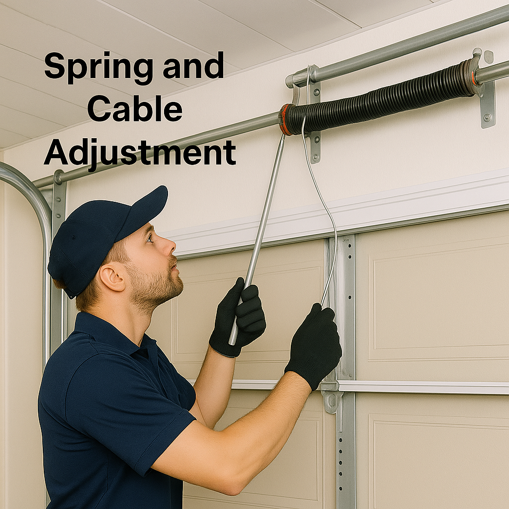 Technician performing precise garage door spring and cable adjustment during a routine maintenance tune-up.